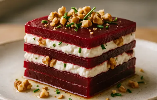 Mille-feuille de betteraves, chèvre frais et noix