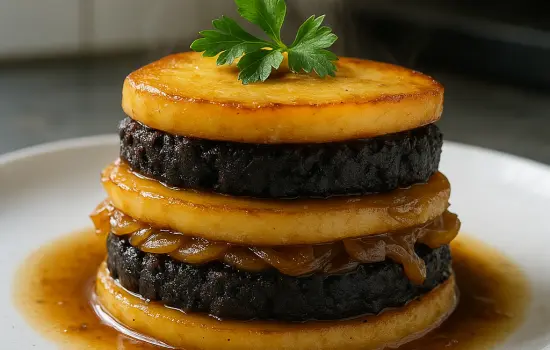 Mille-feuille de pommes, boudin noir et oignons fondants