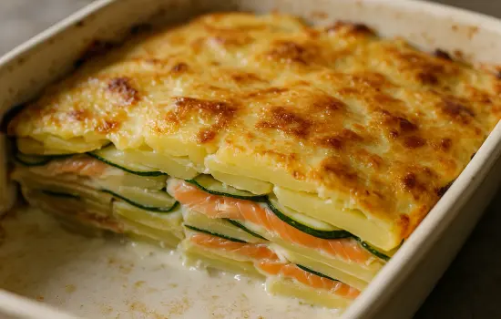 Mille-feuille de pommes de terre, courgettes et saumon fumé