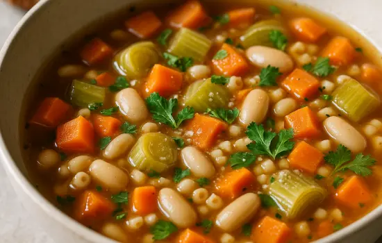 Minestrone d’automne aux haricots blancs, poireaux et petites pâtes