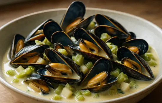 Moules à la crème, au céleri et à la pomme verte