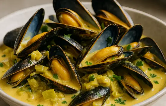 Moules au curry doux, poireaux et crème légère