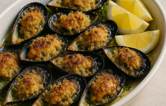 Moules farcies au beurre d’ail et chapelure au four