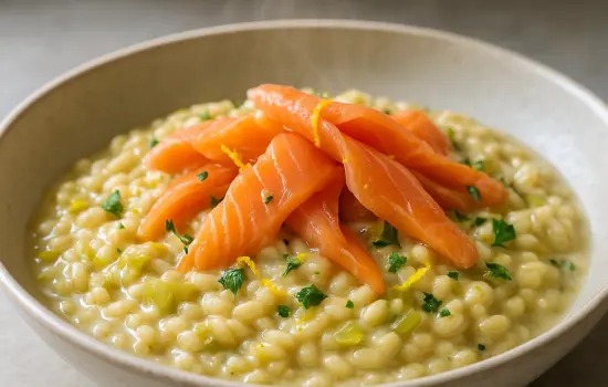 Orzotto au citron, poireaux fondus et truite fumée