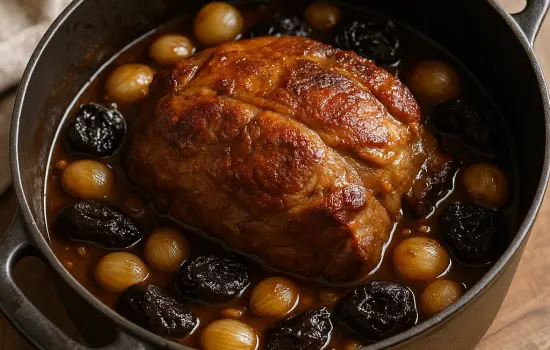 Palette de porc braisée à la bière et aux pruneaux