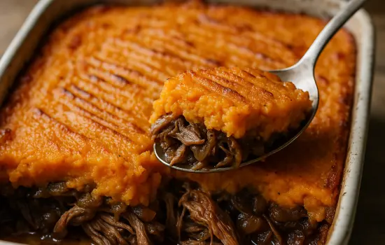 Parmentier de canard aux patates douces et oignons confits