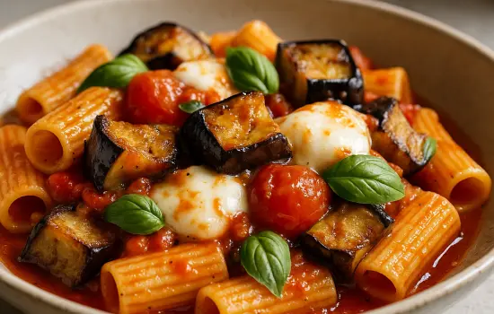 Pâtes aux aubergines rôties, tomates et mozzarella