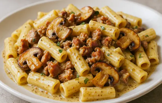 Pâtes aux champignons, saucisse et crème de moutarde