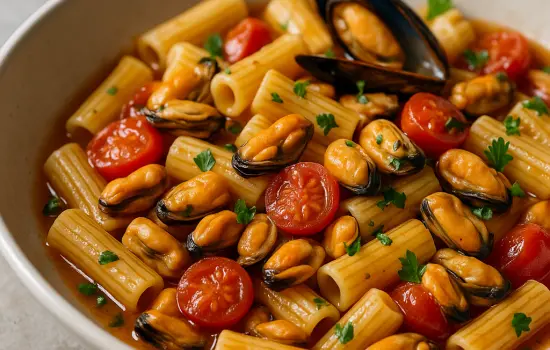 Pâtes aux moules, tomates cerises et persil