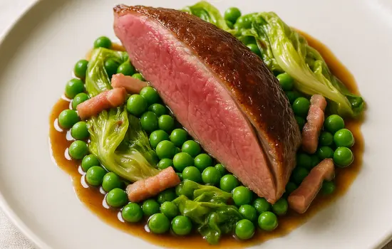 Pigeonneau rôti aux petits pois à la française