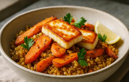 Poêlée de boulgour aux carottes, halloumi et cumin