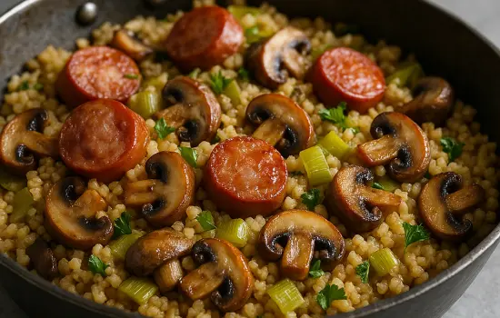 Poêlée de boulgour aux poireaux, champignons et saucisse fumée
