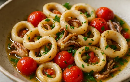 Poêlée de calamars à l’ail, persil et tomates cerises