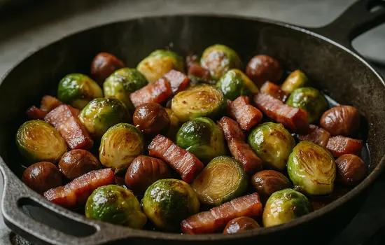 Poêlée de chou de Bruxelles, lard fumé et châtaignes