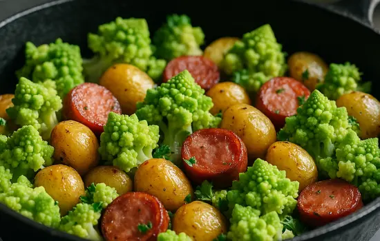 Poêlée de chou romanesco, pommes de terre grenailles et saucisse fumée