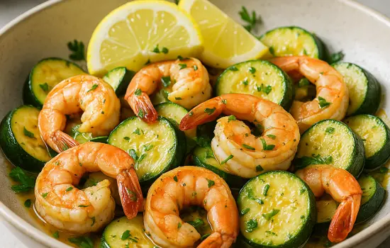 Poêlée de crevettes à l’ail, citron et courgettes