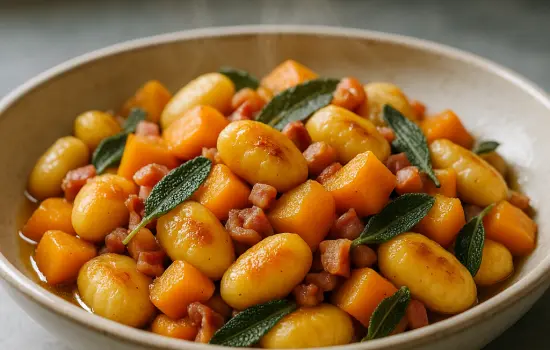 Poêlée de gnocchis au potiron, lardons et sauge