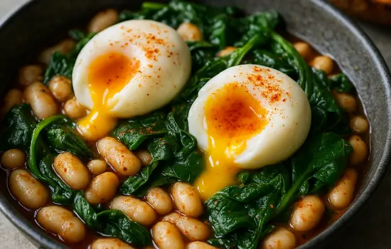 Poêlée de haricots blancs aux épinards, œufs mollets et paprika fumé