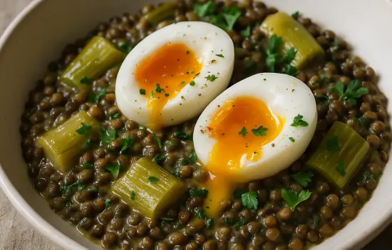 Poêlée de lentilles aux poireaux, œufs mollets et moutarde
