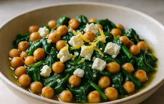 Poêlée de pois chiches aux épinards, feta et citron
