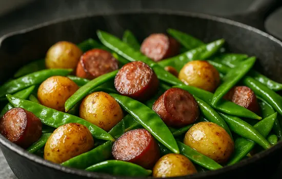 Poêlée de pois gourmands, pommes de terre grenailles et saucisse fumée