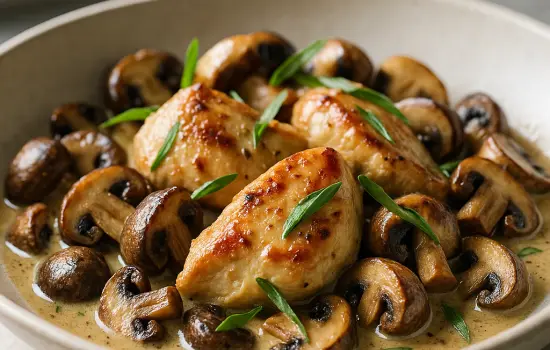 Poêlée de poulet aux champignons, moutarde et estragon