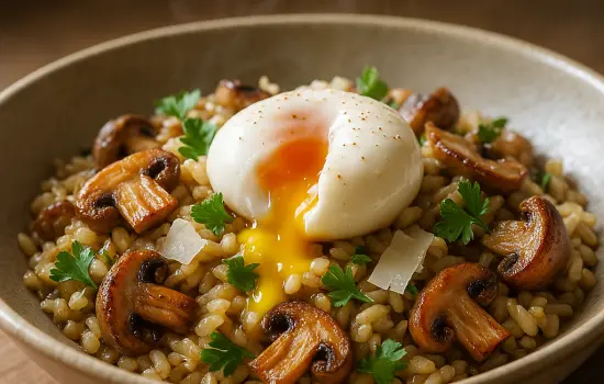 Poêlée de riz aux champignons, œufs mollets et comté