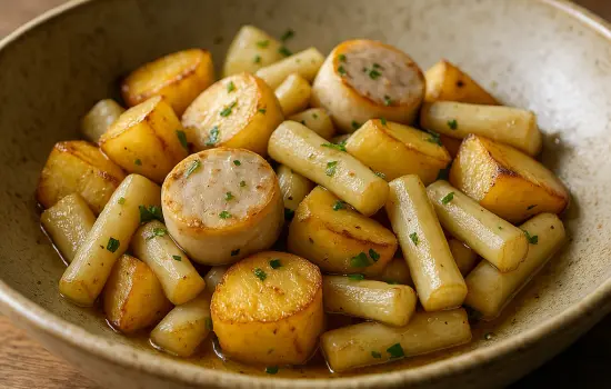 Poêlée de salsifis, pommes de terre et boudin blanc