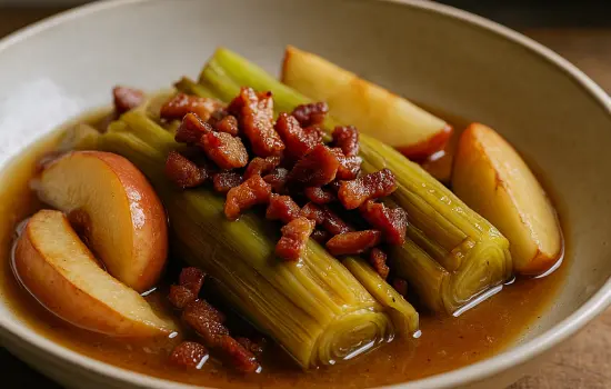 Poireaux braisés au cidre, lard fumé et pommes