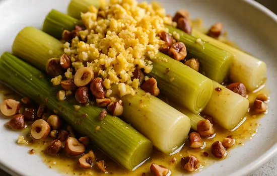 Poireaux mimosa tièdes aux noisettes et vinaigrette à la moutarde