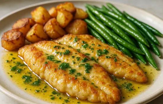 Poisson meunière, pommes de terre sautées et haricots verts