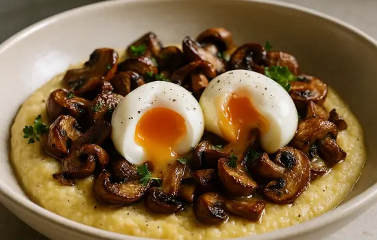 Polenta crémeuse aux champignons rôtis et œufs mollets
