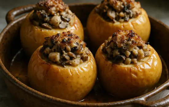 Pommes au four au boudin blanc et aux champignons