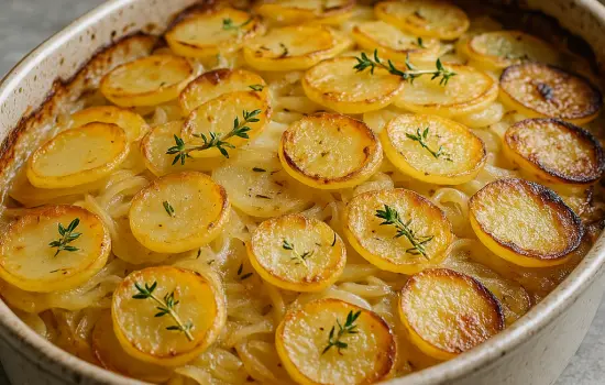 Pommes de terre boulangères aux oignons et thym