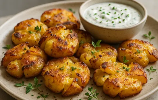 Pommes de terre écrasées au four, sauce yaourt citron et ciboulette
