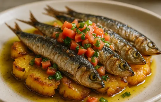 Pommes de terre écrasées, sardines fraîches rôties et sauce vierge au citron