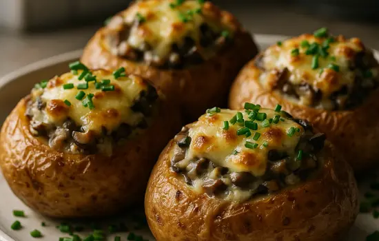 Pommes de terre farcies aux champignons, comté et ciboulette