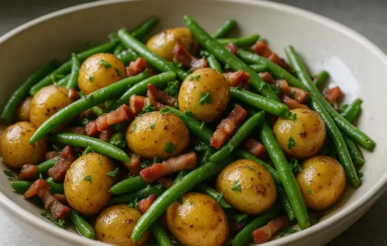 Pommes de terre grenaille sautées aux haricots verts et lardons