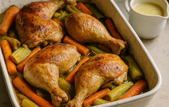 Poulet aux poireaux et carottes au four, sauce moutarde légère