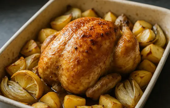 Poulet rôti au citron, fenouil et pommes de terre
