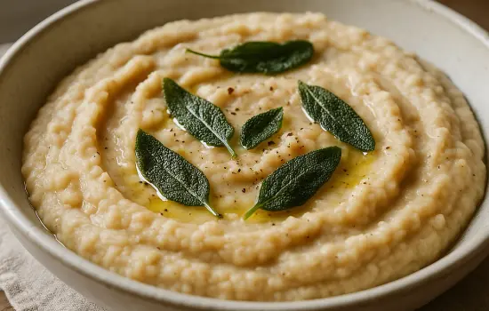 Purée de haricots blancs à l’ail rôti et sauge croustillante