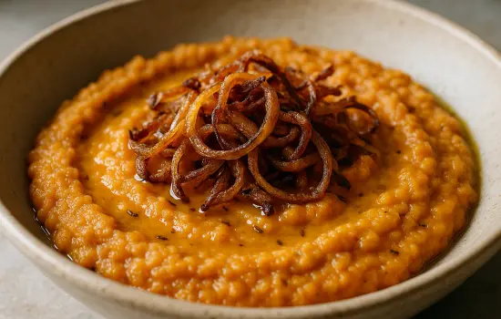 Purée de lentilles corail au cumin et oignons croustillants