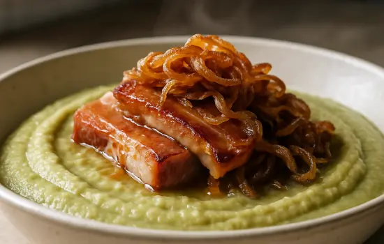 Purée de pois cassés au lard fumé et oignons fondus