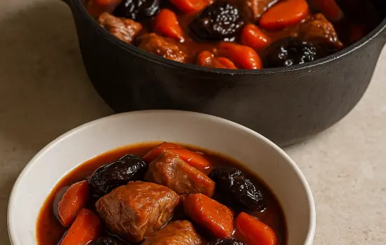 Ragoût de porc aux pruneaux, carottes et vin rouge