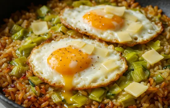 Riz croustillant aux poireaux fondus, œufs au plat et comté