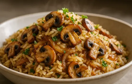 Riz pilaf aux champignons et oignons caramélisés