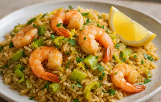 Riz sauté aux poireaux, crevettes et citron facile