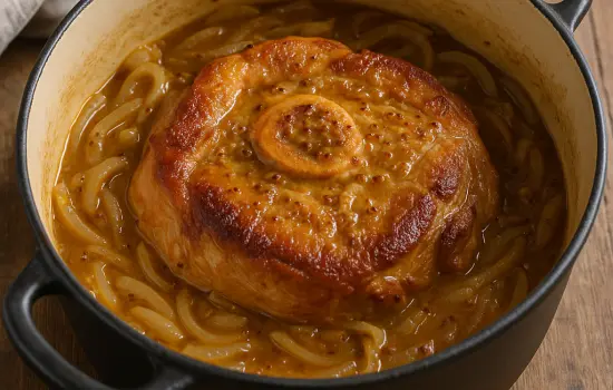 Rouelle de porc braisée aux oignons et à la moutarde à l’ancienne