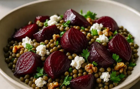 Salade de betteraves rôties, lentilles et chèvre frais