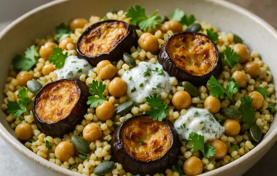 Salade de boulgour aux aubergines rôties, pois chiches et yaourt à la coriandre